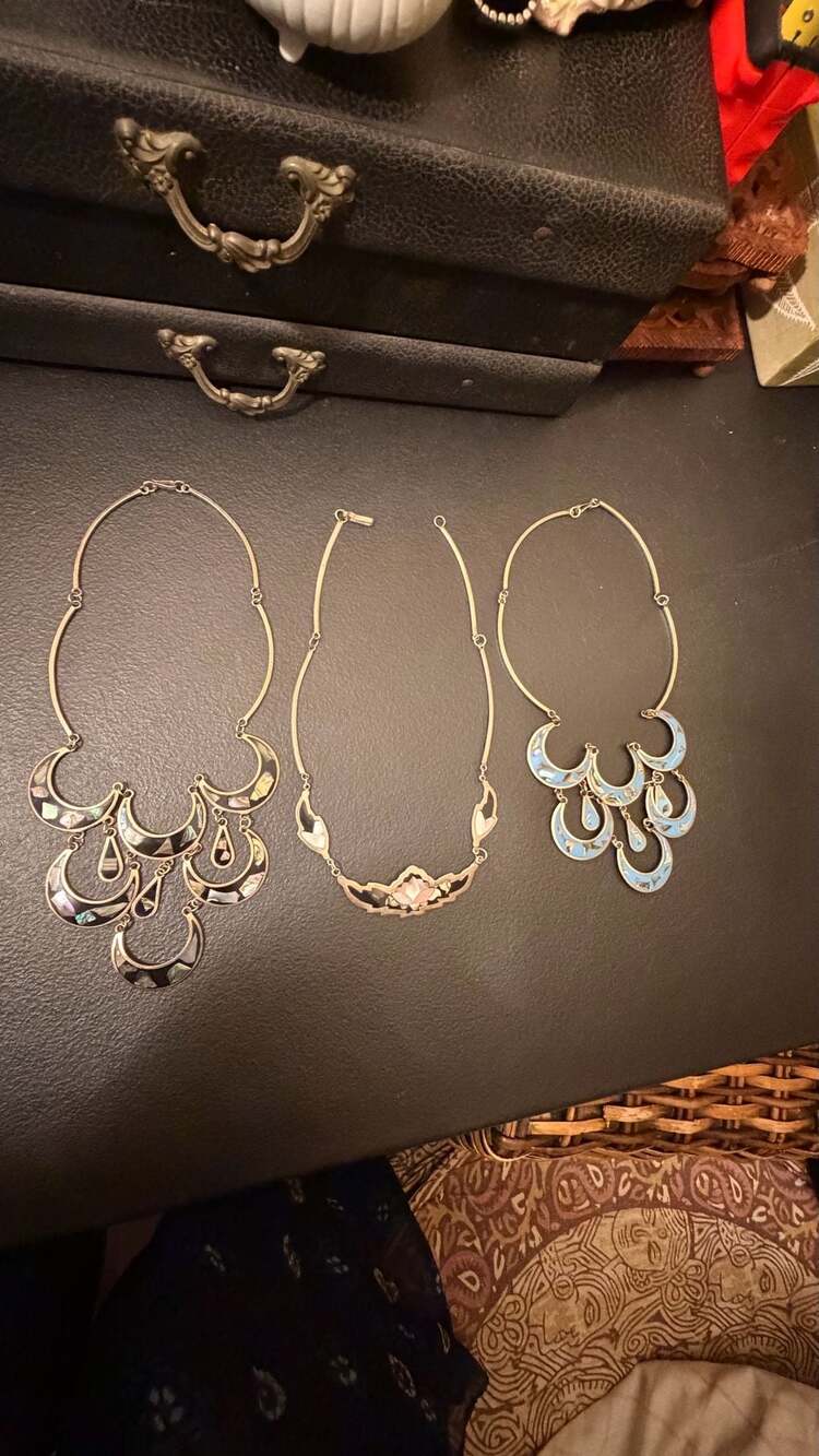 Vintage Alpaca Mexico Abalone Mother of Pearl Statement Necklace Lot